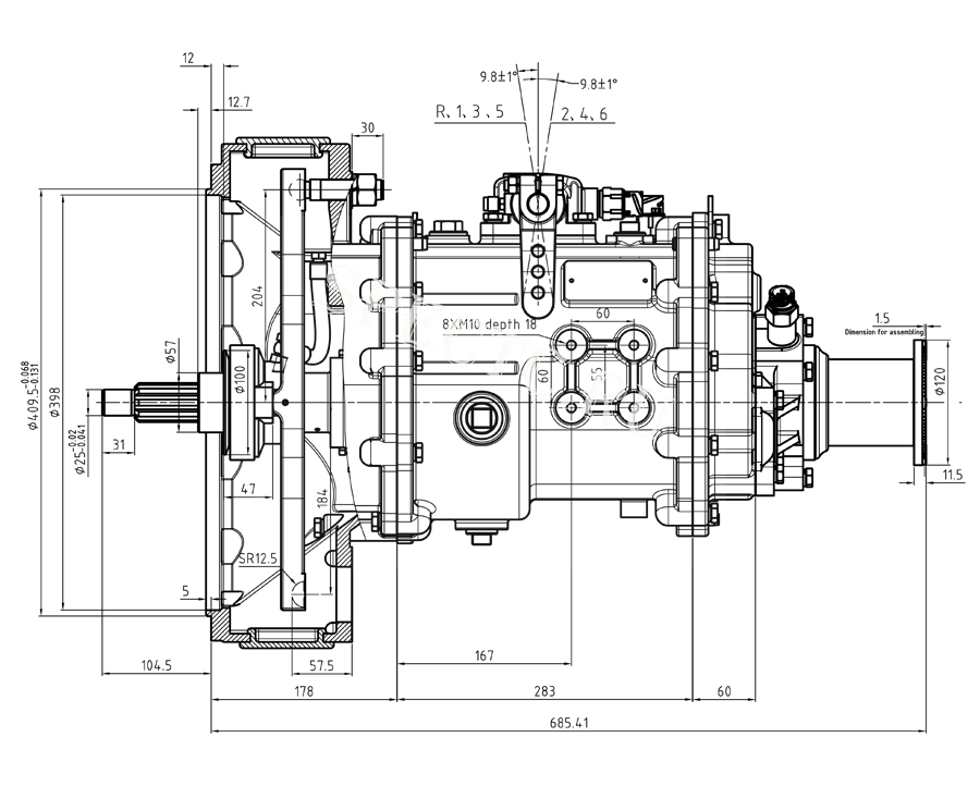 Схема коробки ГАЗон NEXT 6DS60T-B/6DS60T-GAZ с размерами. Артикул производителя 162511106430.