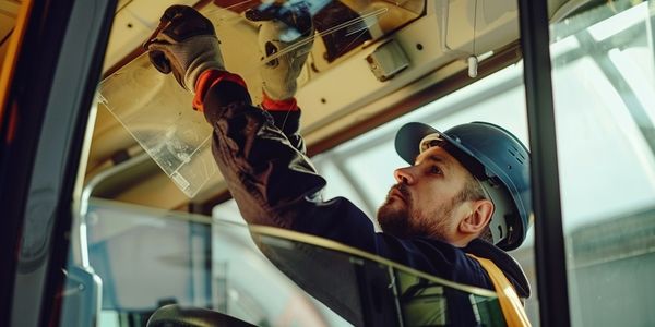 мастер вклеивает лобовое стекло на Газель, автобус